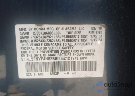 2011 Honda Pilot Ex-L z USA, uszkodzony, nr VIN 5FNYF4H62BB006212